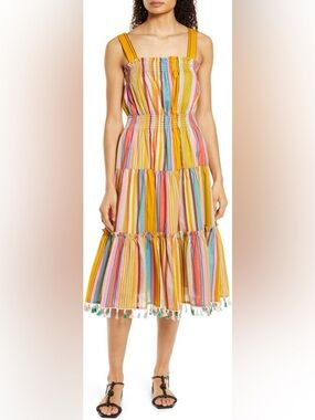 Tahari Striped Smocked Midi Dress Tassel Hem NWT Size 12